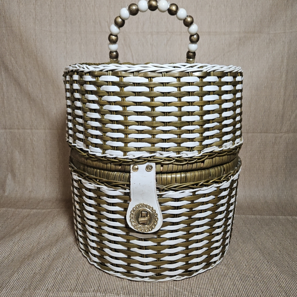 RARE Vintage Tall wig or hat box Box Woven Vinyl Wicker Trunk Beaded Handle BOHO